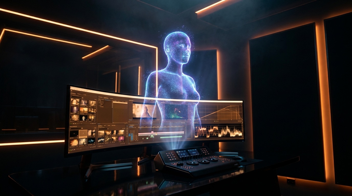 AI video produkcija — holografski avatar v studiu